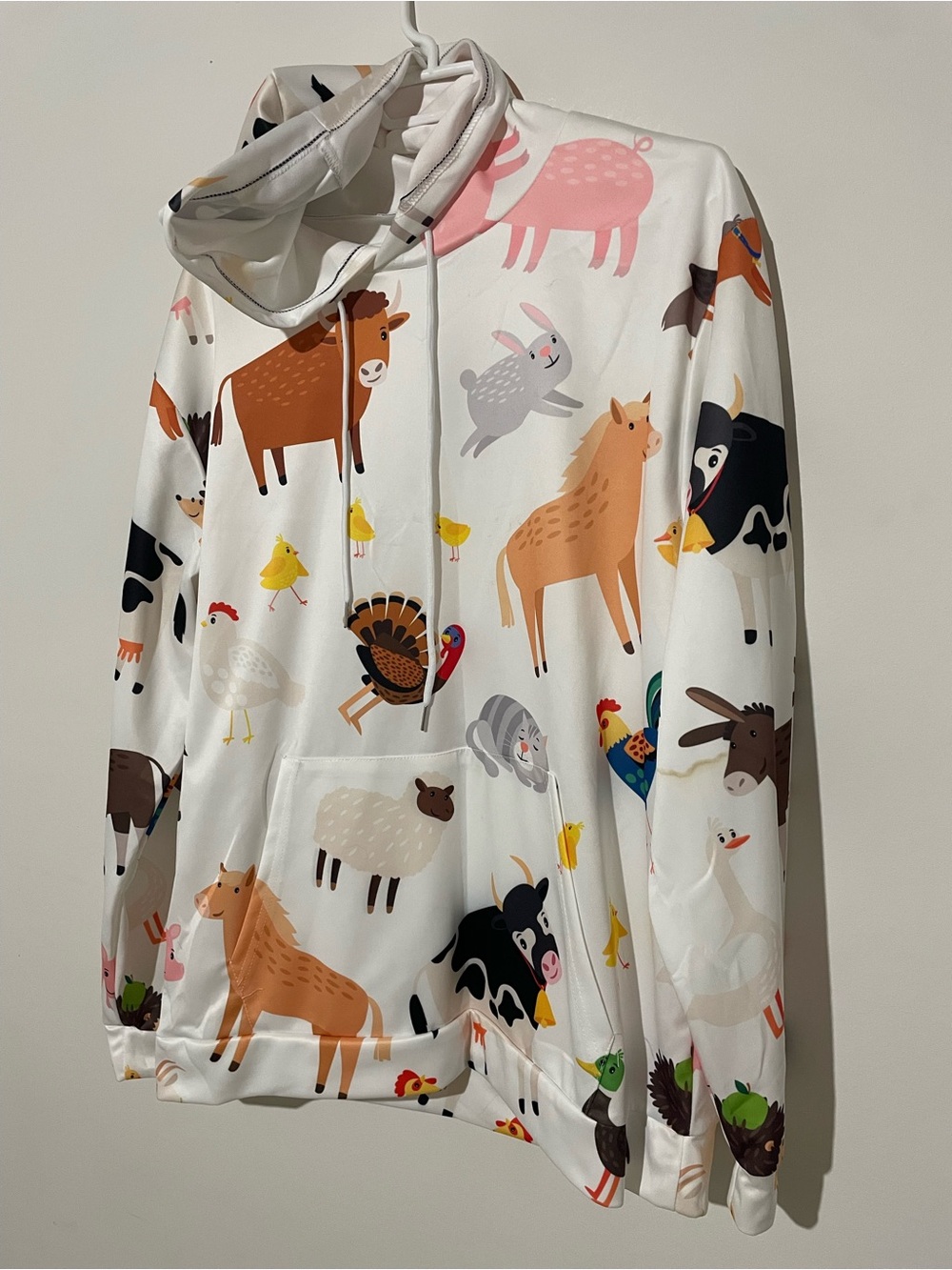 White Animal Print Hoodie with Colorful Farm Friends
